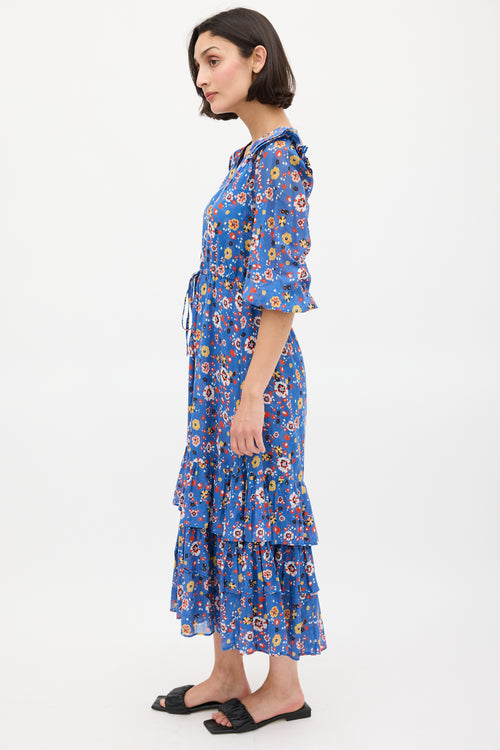 Warm Blue & Multicolour Floral Ruffled Midi Dress