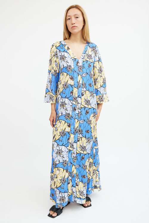 Warm Blue & Yellow Silk Floral Maxi  Dress
