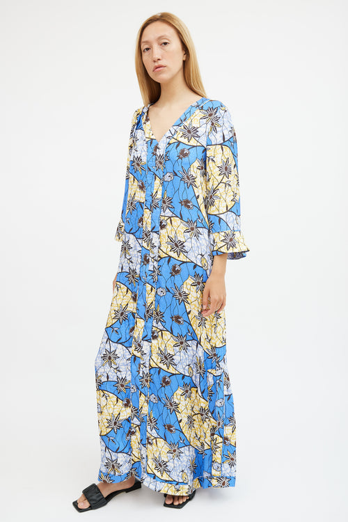 Warm Blue & Yellow Silk Floral Maxi  Dress