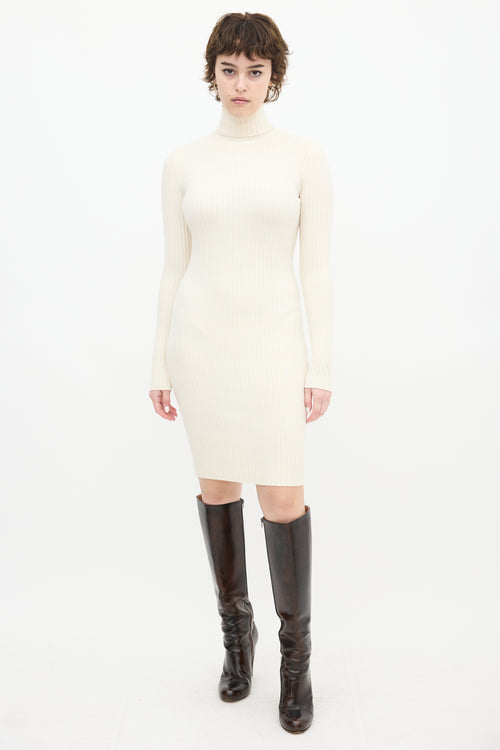 Wolford Cream Wool Ribbed Knit Turtleneck Midi Dress