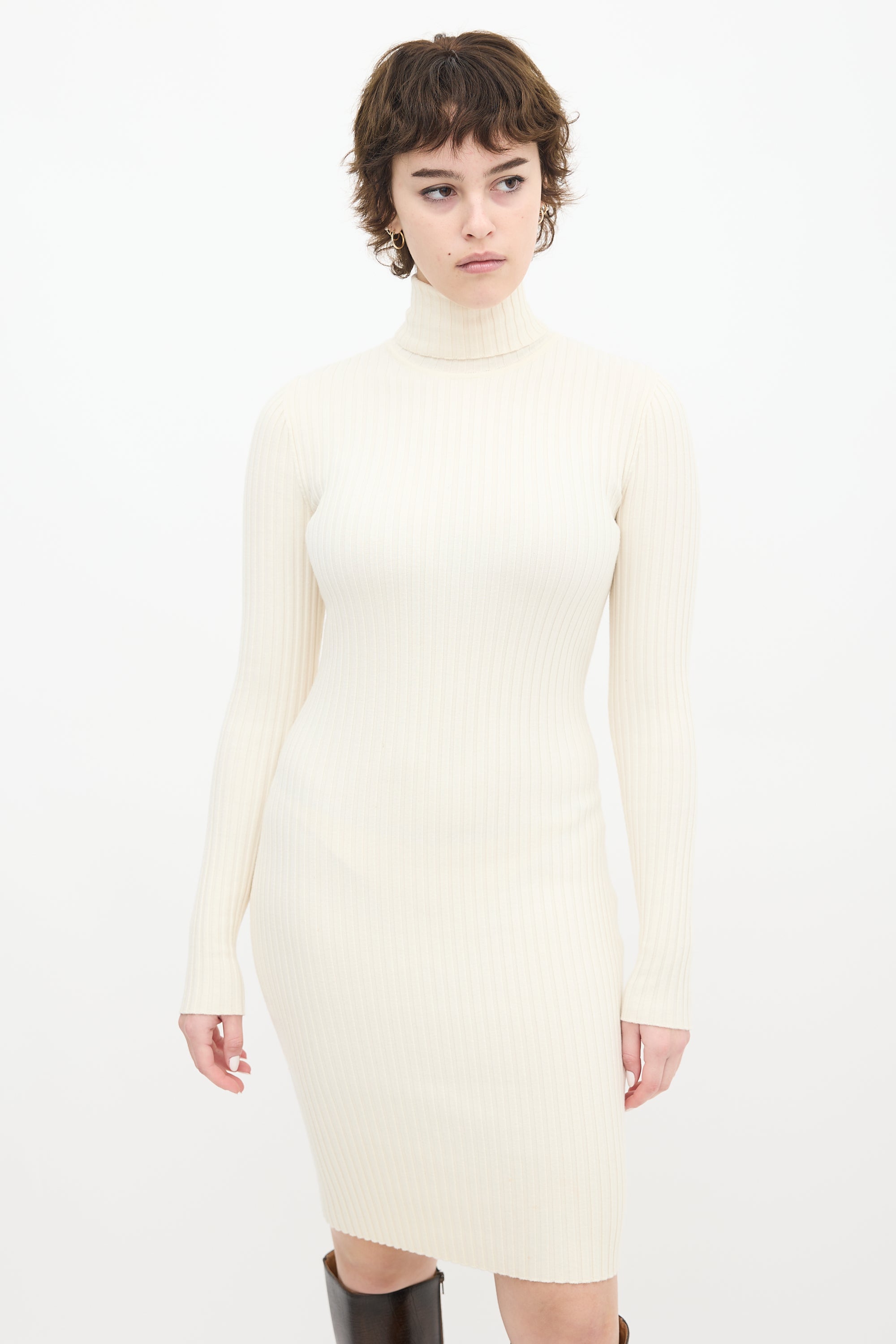 Wolford // Cream Wool Ribbed Knit Turtleneck Midi Dress – VSP Consignment