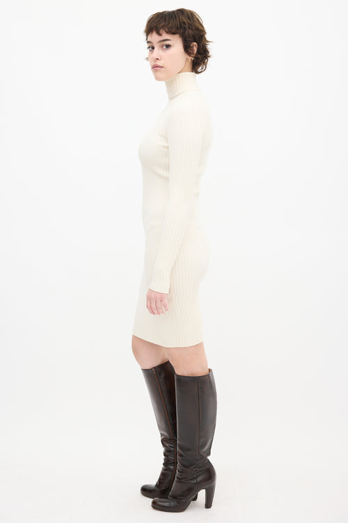 Wolford Cream Wool Ribbed Knit Turtleneck Midi Dress