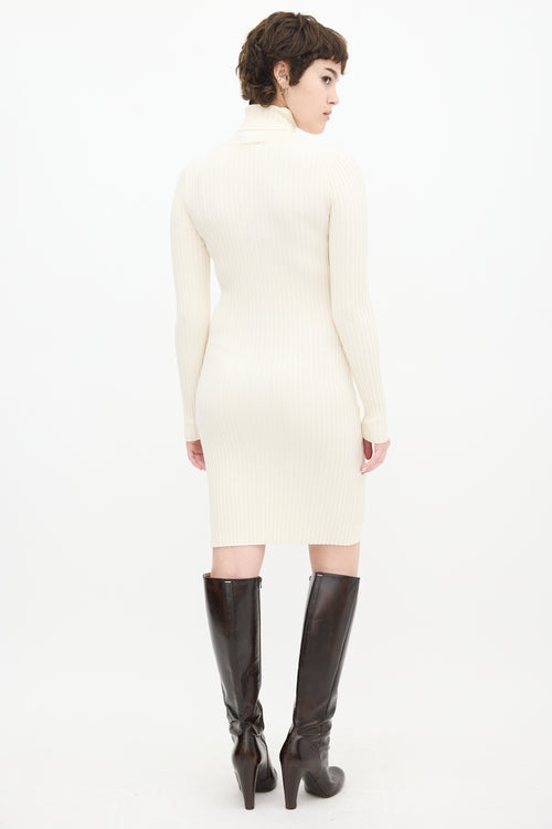 Wolford Cream Wool Ribbed Knit Turtleneck Midi Dress