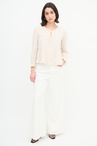  Cream Keyhole Ruffle Blouse