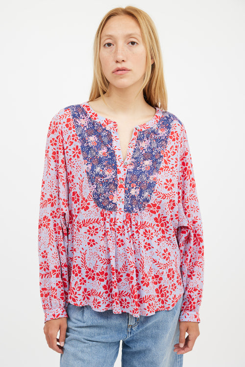 Xirena Blue & Red Floral Blouse