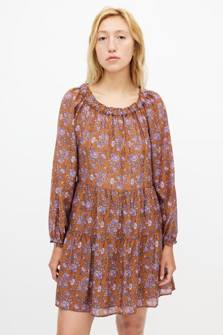 Xirena Brown & Purple Silk Blend Floral Tiered Dress