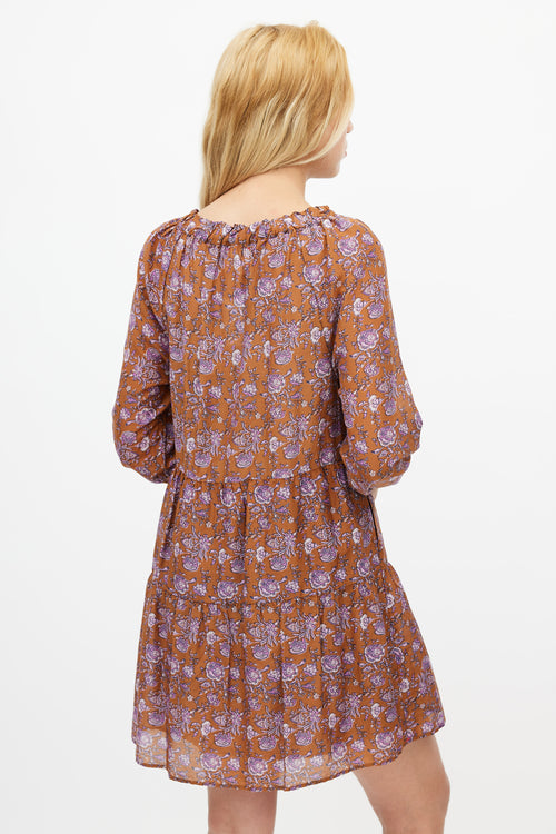 Xirena Brown & Purple Silk Blend Floral Tiered Dress