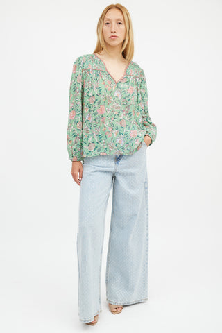 Xirena Green & Pink Floral Blouse