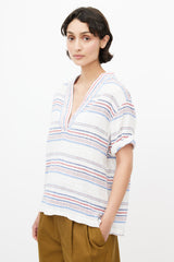 Xirena White, Red & Blue Linen Striped Top