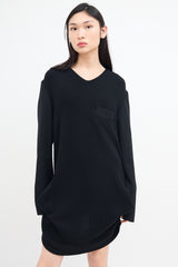 Yohji Yamamoto Black Wool Ribbed V-Neck Dress
