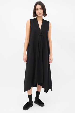 Y's Black Cotton Pleated Sleeveless A-Line Dress