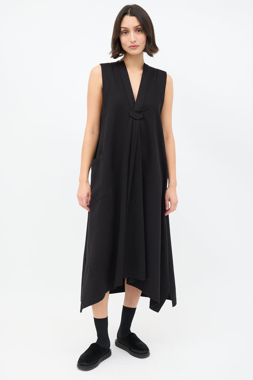 Y's Black Cotton Pleated Sleeveless A-Line Dress