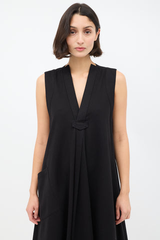 Y's Black Cotton Pleated Sleeveless A-Line Dress