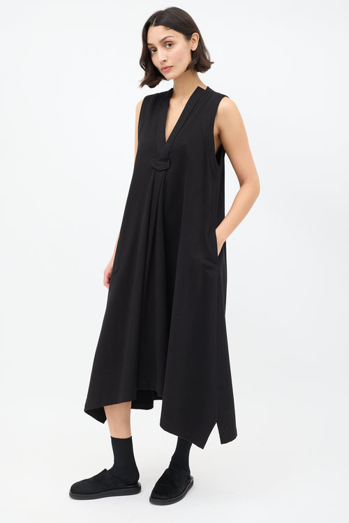 Y's Black Cotton Pleated Sleeveless A-Line Dress