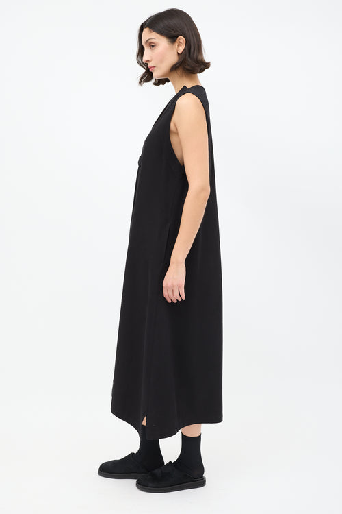 Y's Black Cotton Pleated Sleeveless A-Line Dress