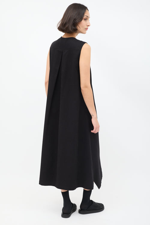 Y's Black Cotton Pleated Sleeveless A-Line Dress