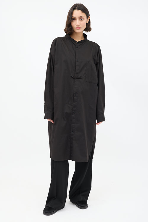 Y's Black Cotton Stand Collar Shirt Dress