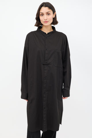 Y's Black Cotton Stand Collar Shirt Dress