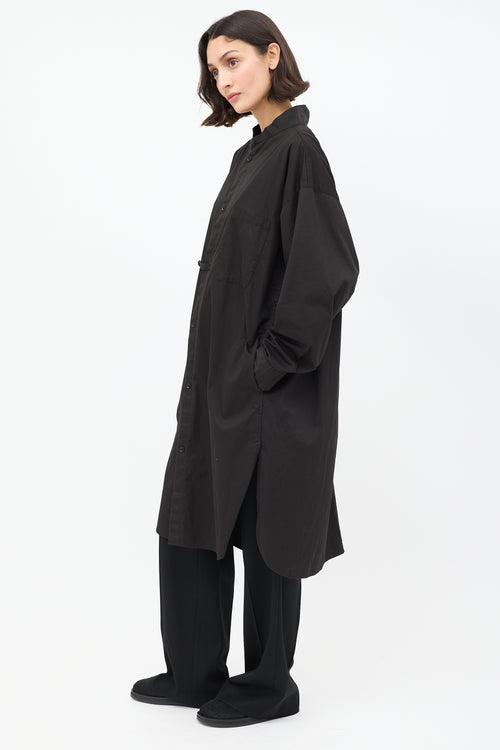 Y's Black Cotton Stand Collar Shirt Dress