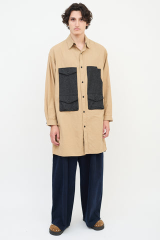 Y's Brown Cotton & Wool Panelled Long Shirt