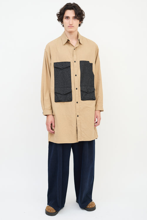 Y's Brown Cotton & Wool Panelled Long Shirt