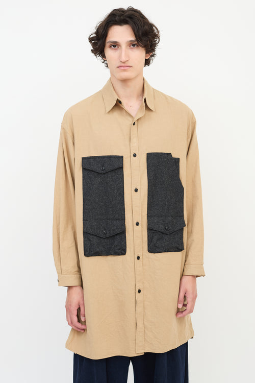 Y's Brown Cotton & Wool Panelled Long Shirt