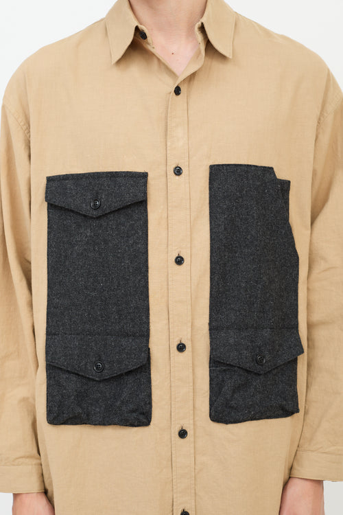 Y's Brown Cotton & Wool Panelled Long Shirt