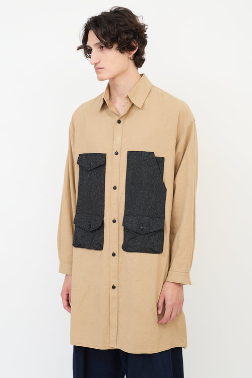 Y's Brown Cotton & Wool Panelled Long Shirt