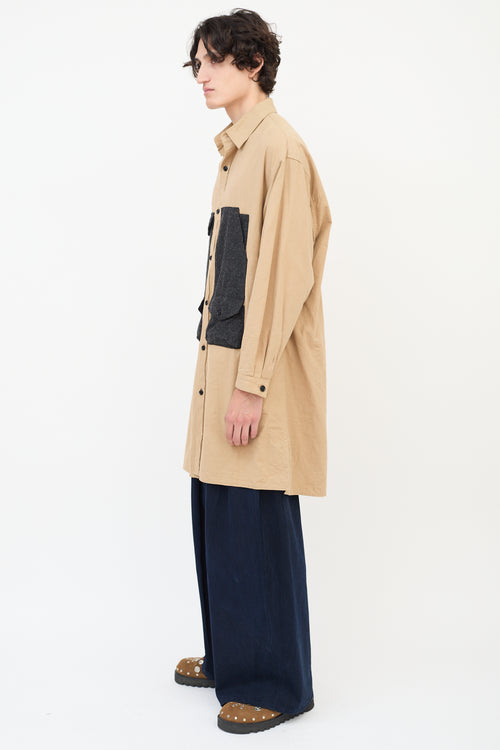 Y's Brown Cotton & Wool Panelled Long Shirt