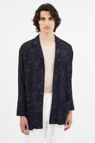 Y's Navy & Gold Metallic Floral Shirt Jacket