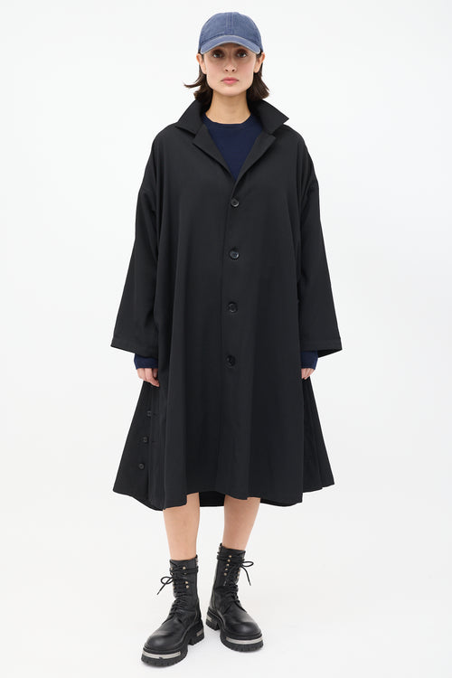 Yohji Yamamoto Noir Black Wool Ruched Side Button Up Coat