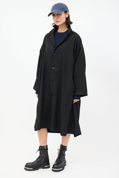 Yohji Yamamoto Noir Black Wool Ruched Side Button Up Coat