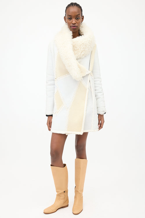 Yves Salomon White & Cream Leather & Fur Reversible Coat