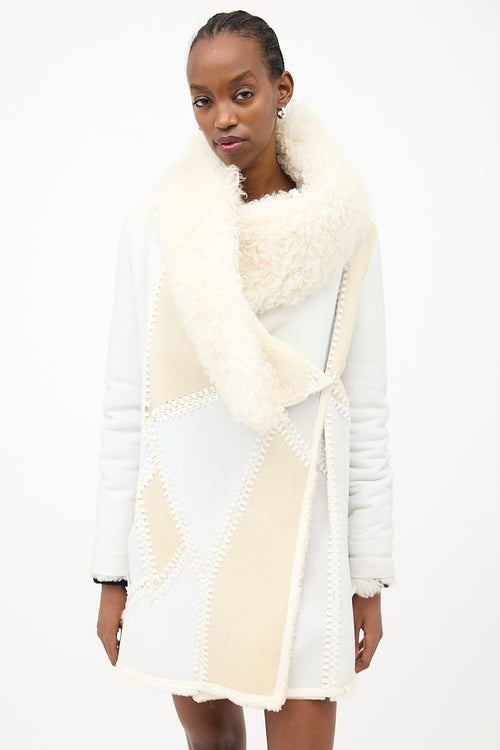 Yves Salomon White & Cream Leather & Fur Reversible Coat