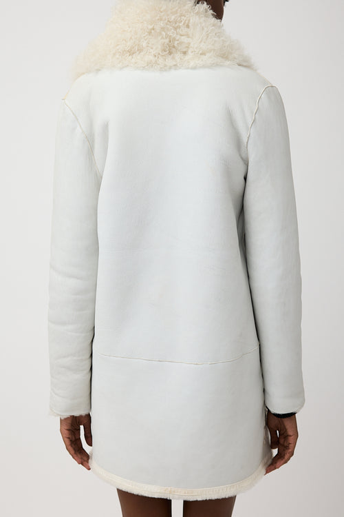 Yves Salomon White & Cream Leather & Fur Reversible Coat