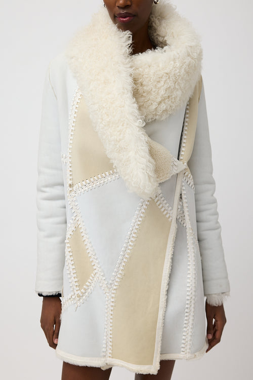 Yves Salomon White & Cream Leather & Fur Reversible Coat