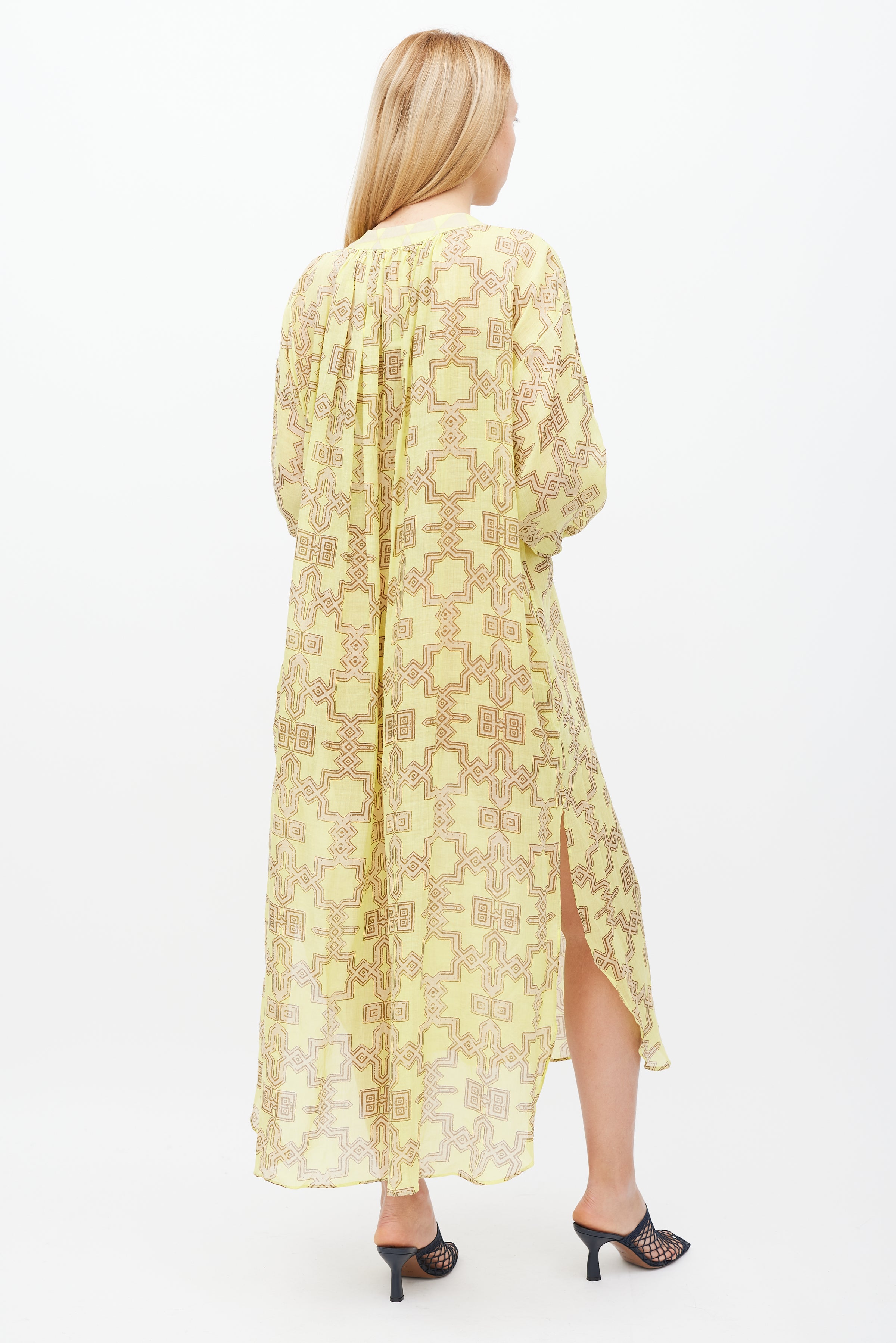 Yvonne S // Yellow & Beige Geometric High Low Dress VSP Consignment Yvonne S // Yellow & Beige Geometric High Low Dress VSP Consignment