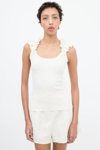 Zimmermann Cream Ribbed Ruffle Strap Top