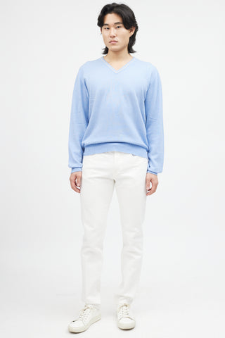 Zegna Blue & White Cashmere Knit Sweater