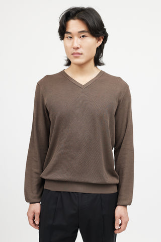 Zegna Brown Silk Knit V-Neck Sweater