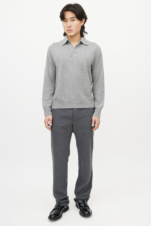 Zegna Grey Cashmere Long Sleeve Polo Sweater