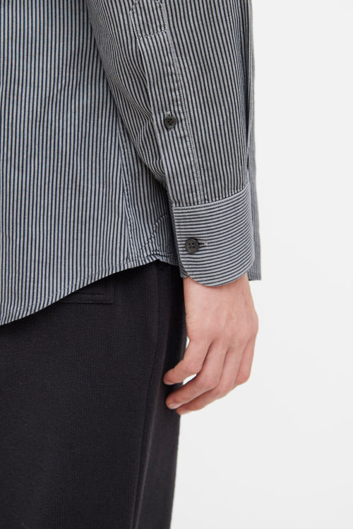Zegna Grey & Black Stripe Cotton Long Sleeve Button Top