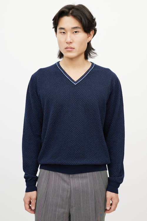 Zegna Navy Blue Dotted Cashmere V-Neck Sweater