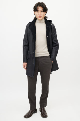 Zegna Navy Leather Sherpa Collar Coat