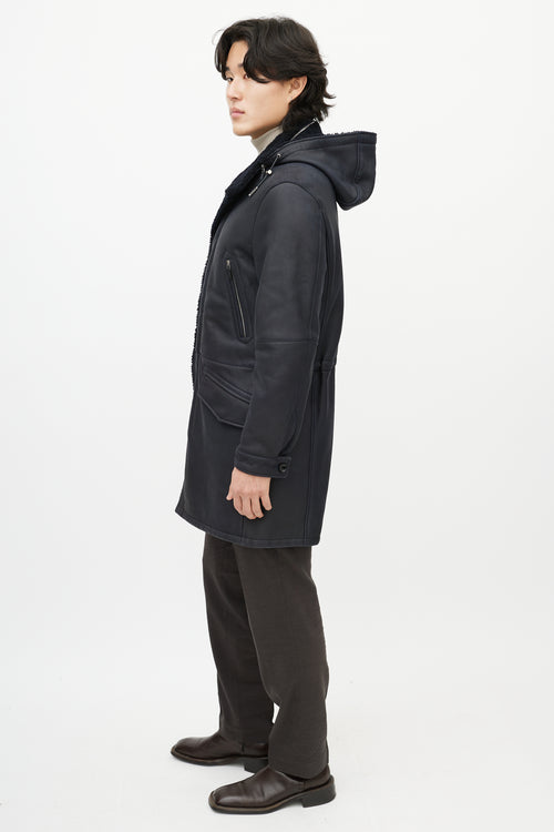 Zegna Navy Leather Sherpa Collar Coat