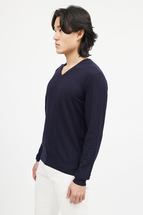 Zegna Navy Wool Ribbed Knit Sweater