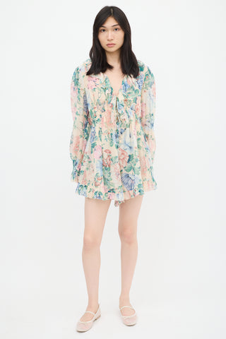 Zimmermann Beige & Multicolour Floral Ruffled Romper