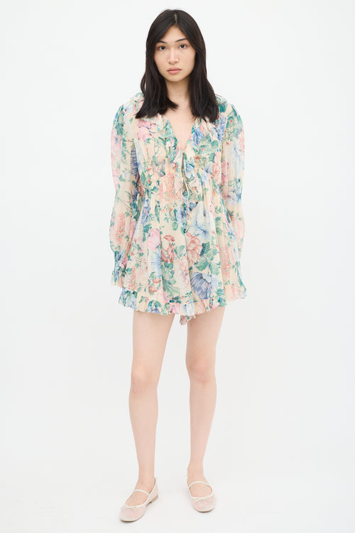 Zimmermann Beige & Multicolour Floral Ruffled Romper