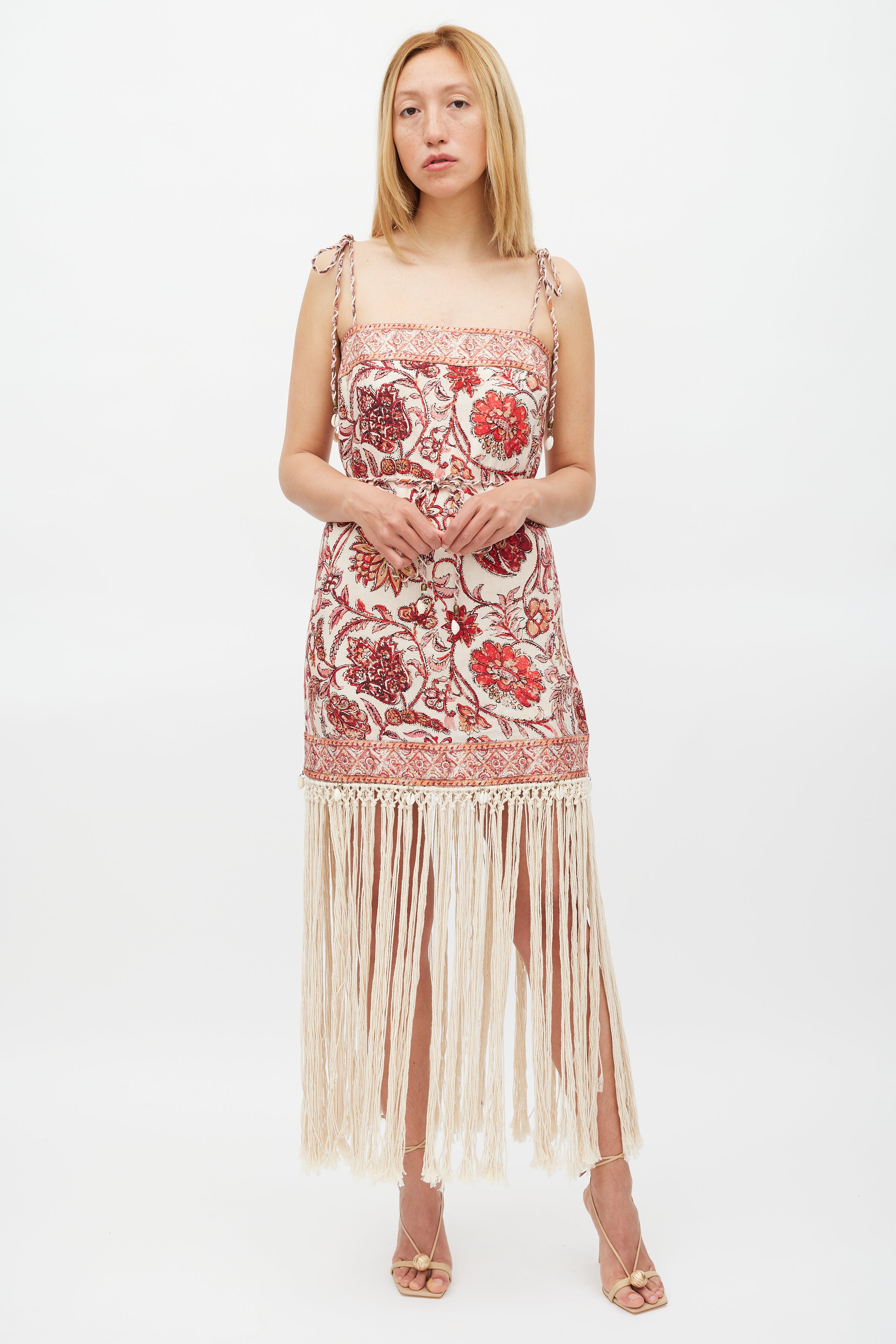 Zimmermann // Beige & Red Floral Vitali Fringe Dress VSP Consignment Zimmermann // Beige & Red Floral Vitali Fringe Dress VSP Consignment