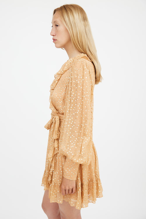 Zimmermann Orange & Gold Silk Lurex Wrap Mini Dress